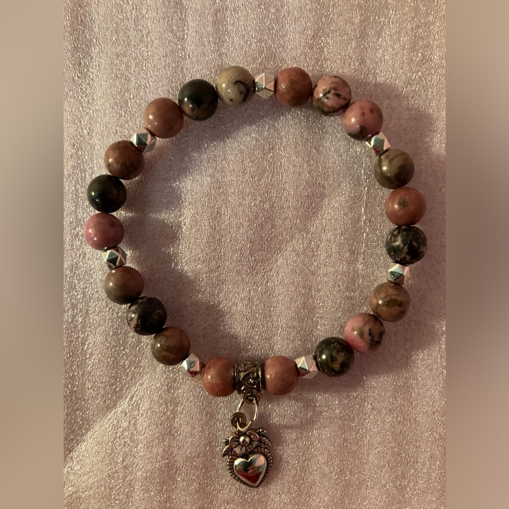 Bracelet rhodonite crystal and silver heart charm
